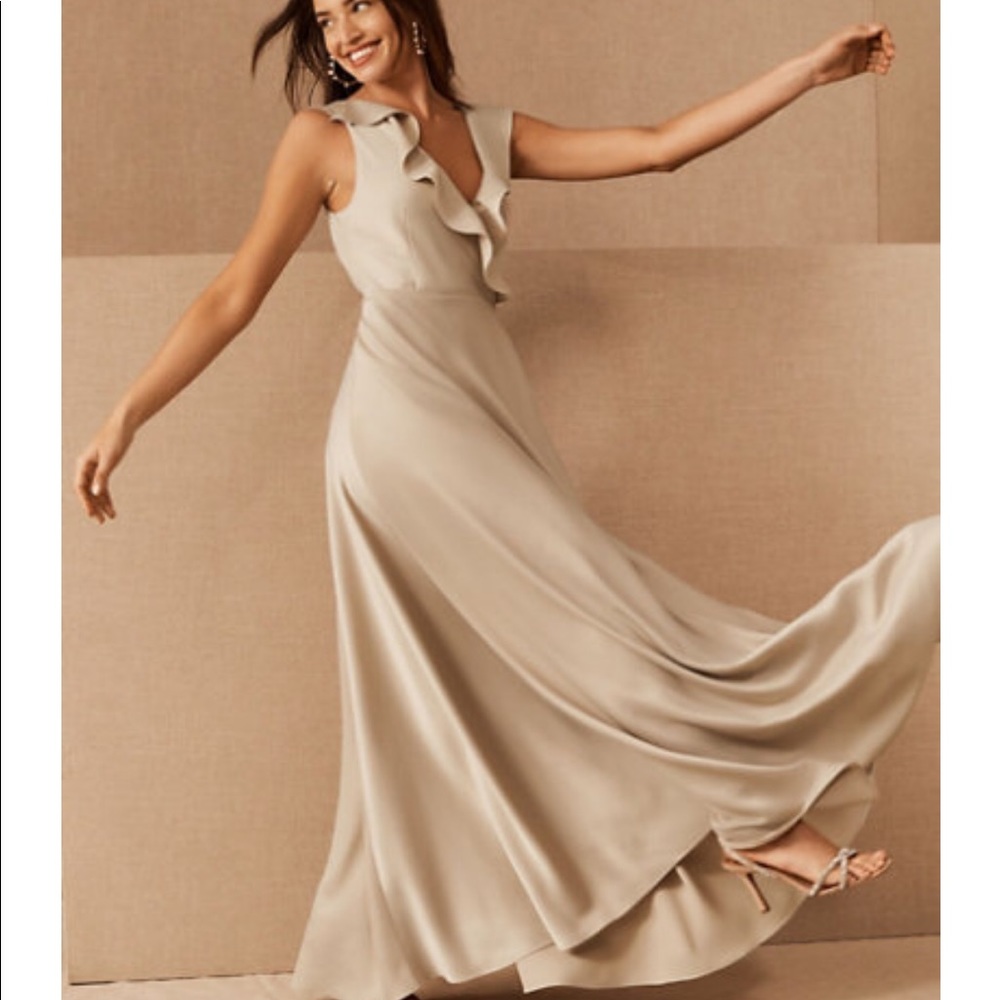 BHLDN TANSY CHARMEUSE BRIDESMAID DRESS IN CHAMPAGNE. Unaltered